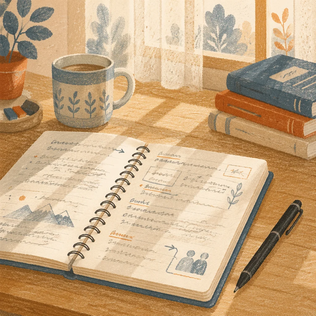 Open Notebook with Pen on Study Desk