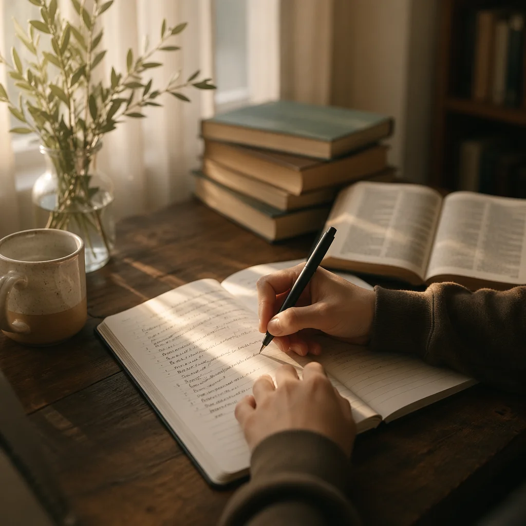 Student Writing at Morning Study Desk