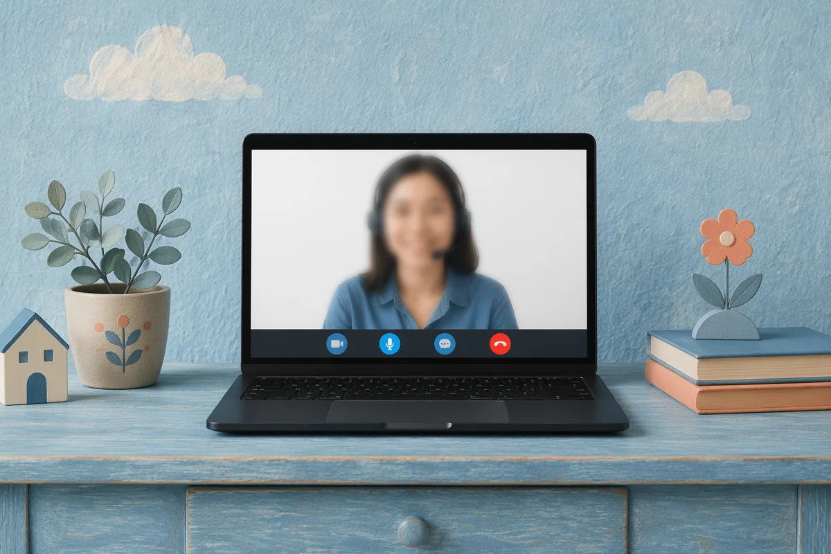 Online Learning Laptop on Blue Study Desk