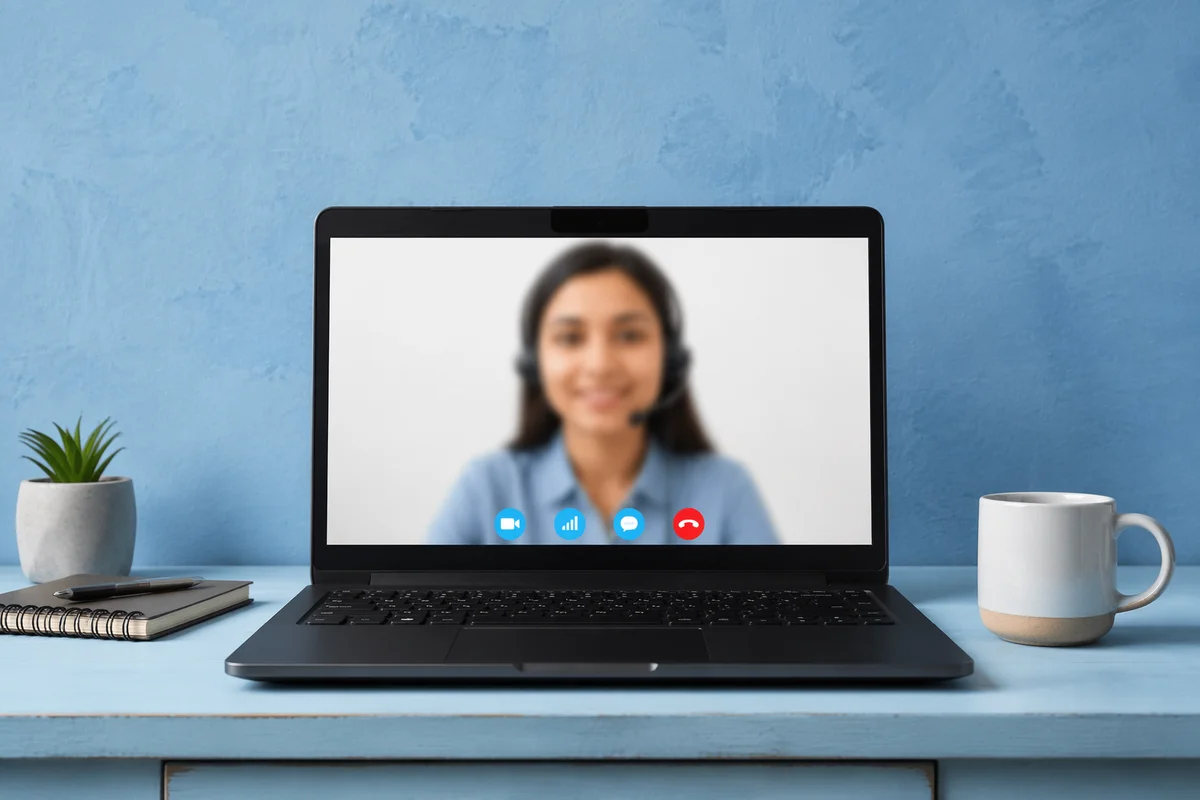 Online Learning Laptop on Blue Desk
