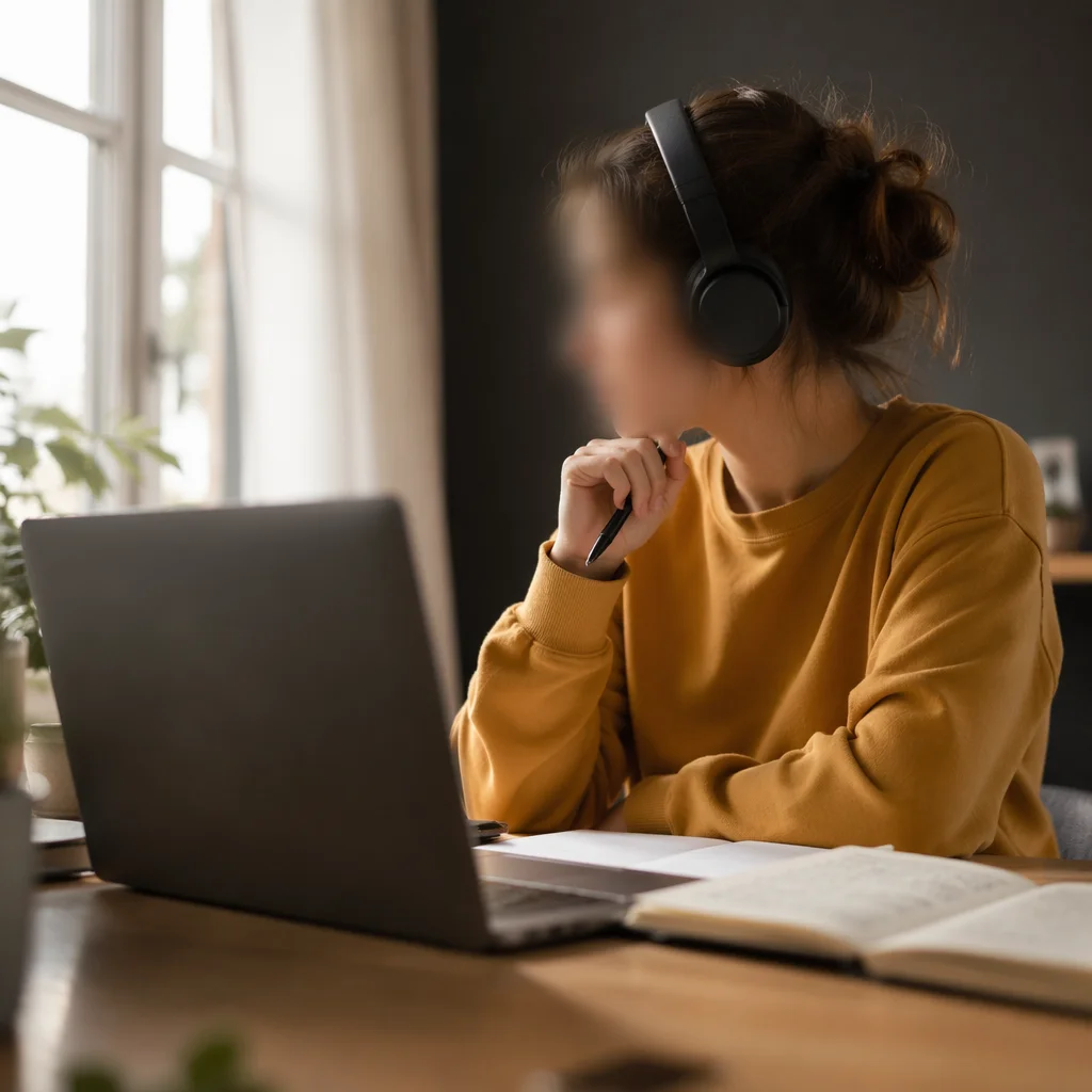 Focused Student Online Learning at Home Desk