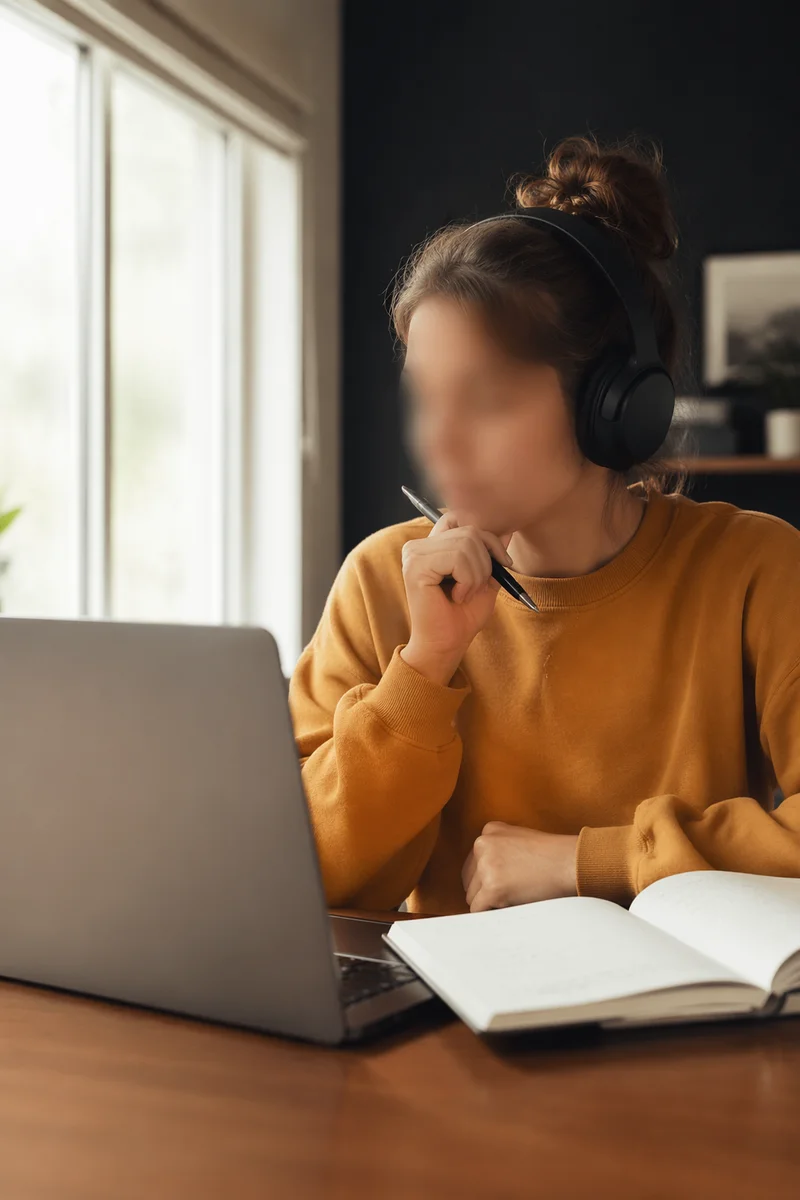 Focused Student Online Learning at Home Desk