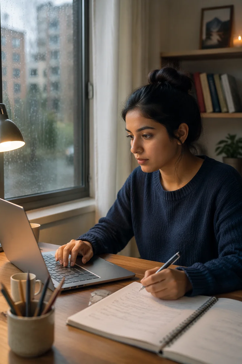 Young Woman Studying at Home Desk
