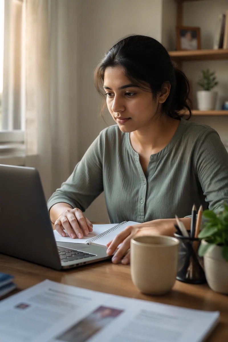Young Woman Studying on Laptop at Desk