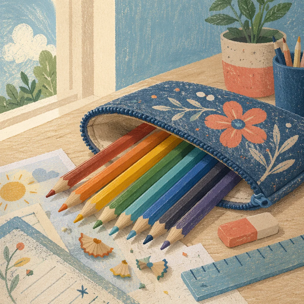 Open Pencil Case with Colored Supplies