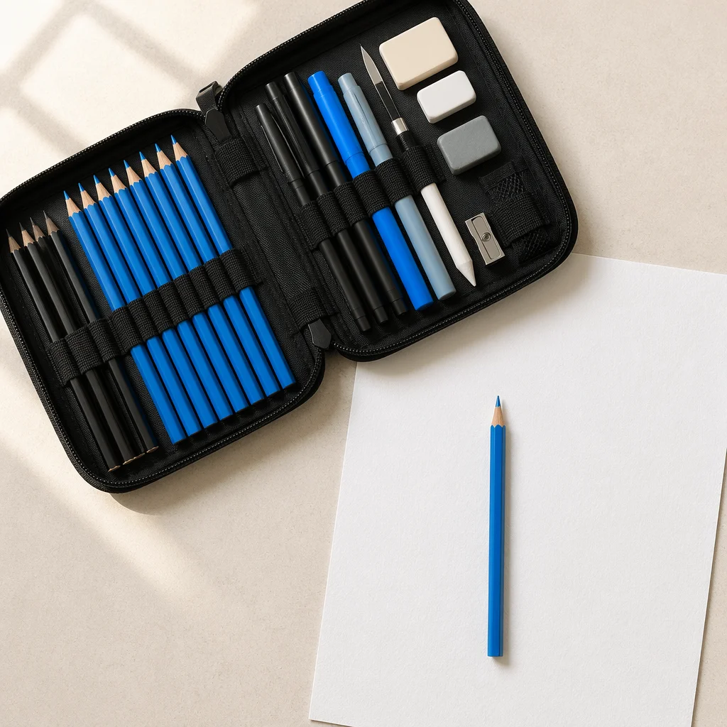 Open Pencil Case with Blue Art Supplies