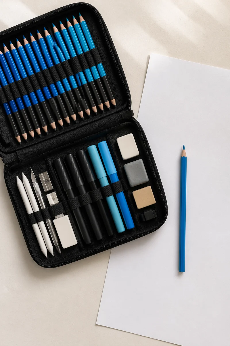 Open Pencil Case with Blue Art Supplies