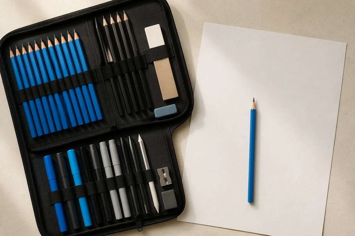 Open Pencil Case with Blue Art Supplies