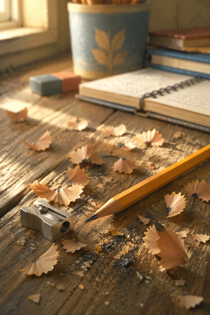 Pencil Shavings on Classroom Desk Close-Up