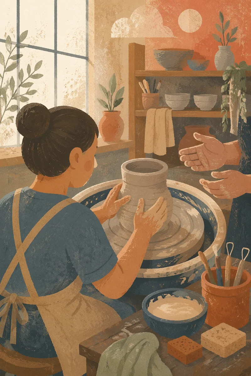 Student Shaping Clay at Pottery Wheel