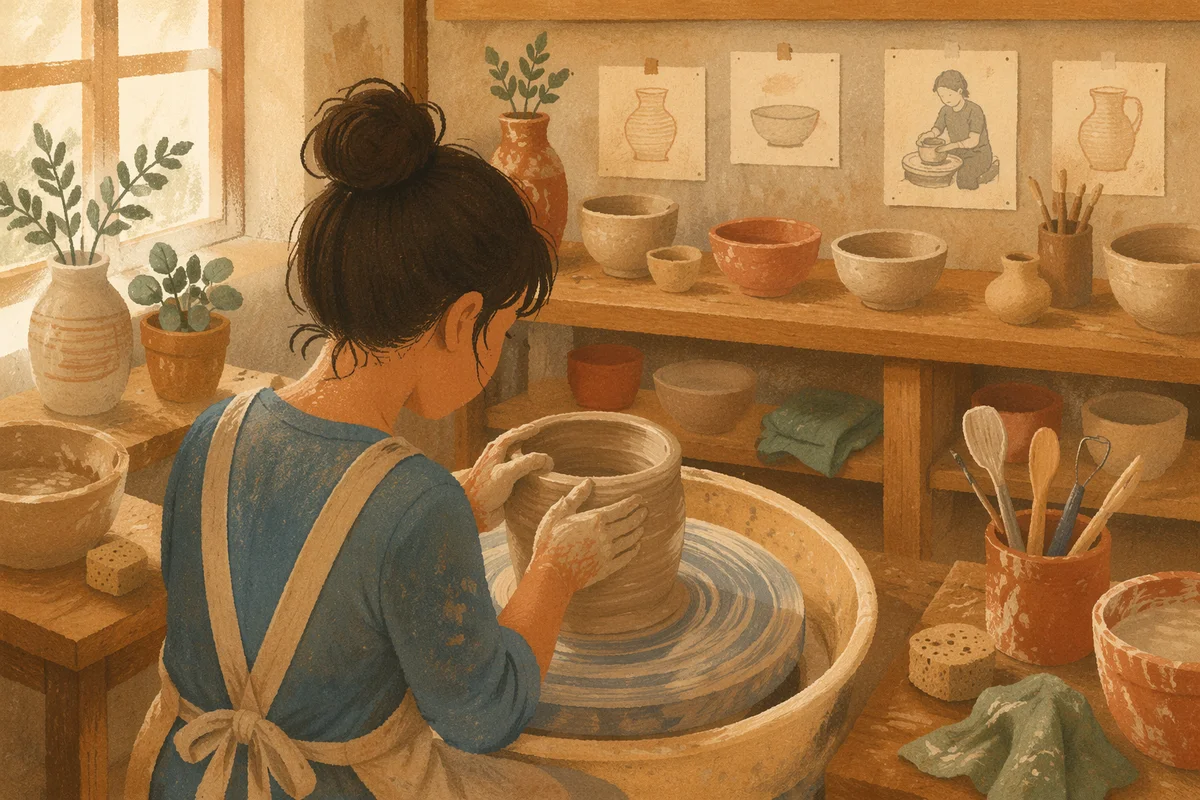 Art Student Shaping Clay on Pottery Wheel