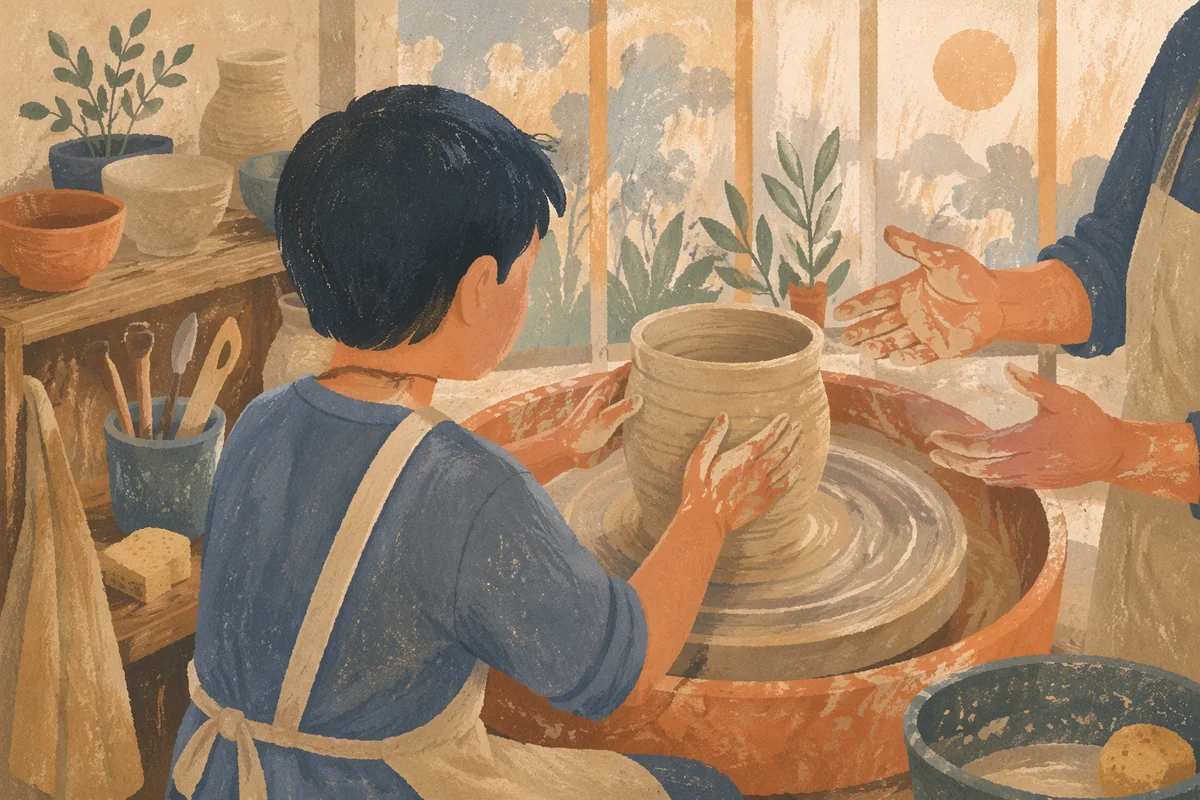 Student Shaping Clay at Pottery Wheel