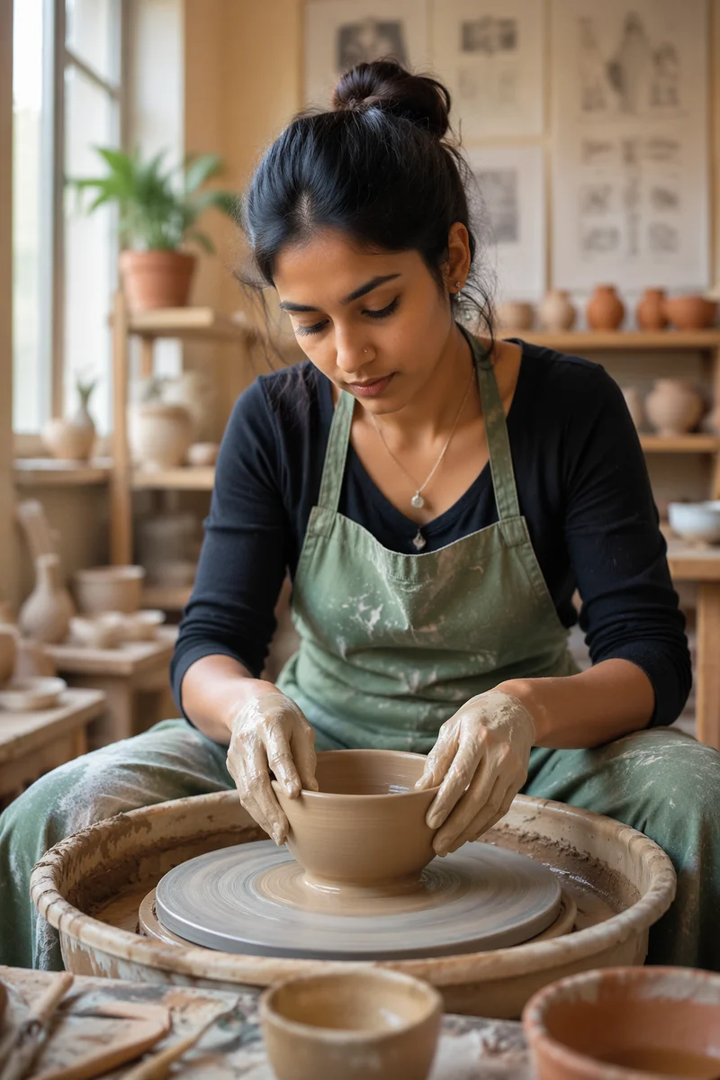Young Woman Shaping Clay at Pottery Wheel
