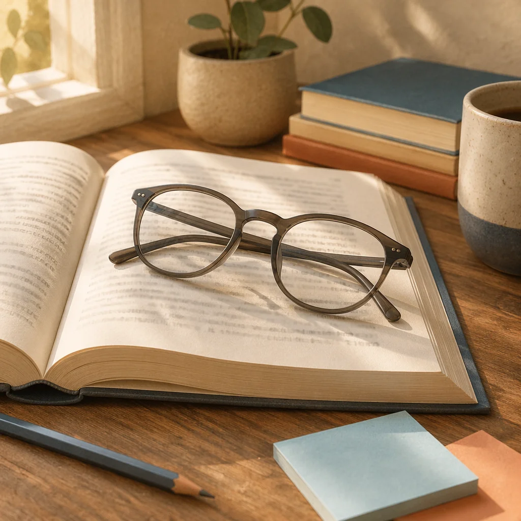 Reading Glasses on Open Textbook Desk