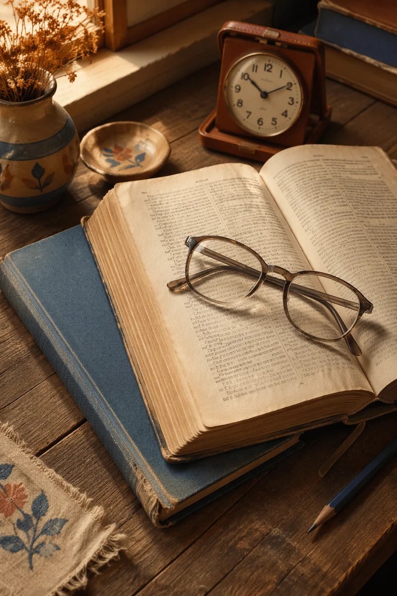 Reading Glasses on Open Textbook Desk
