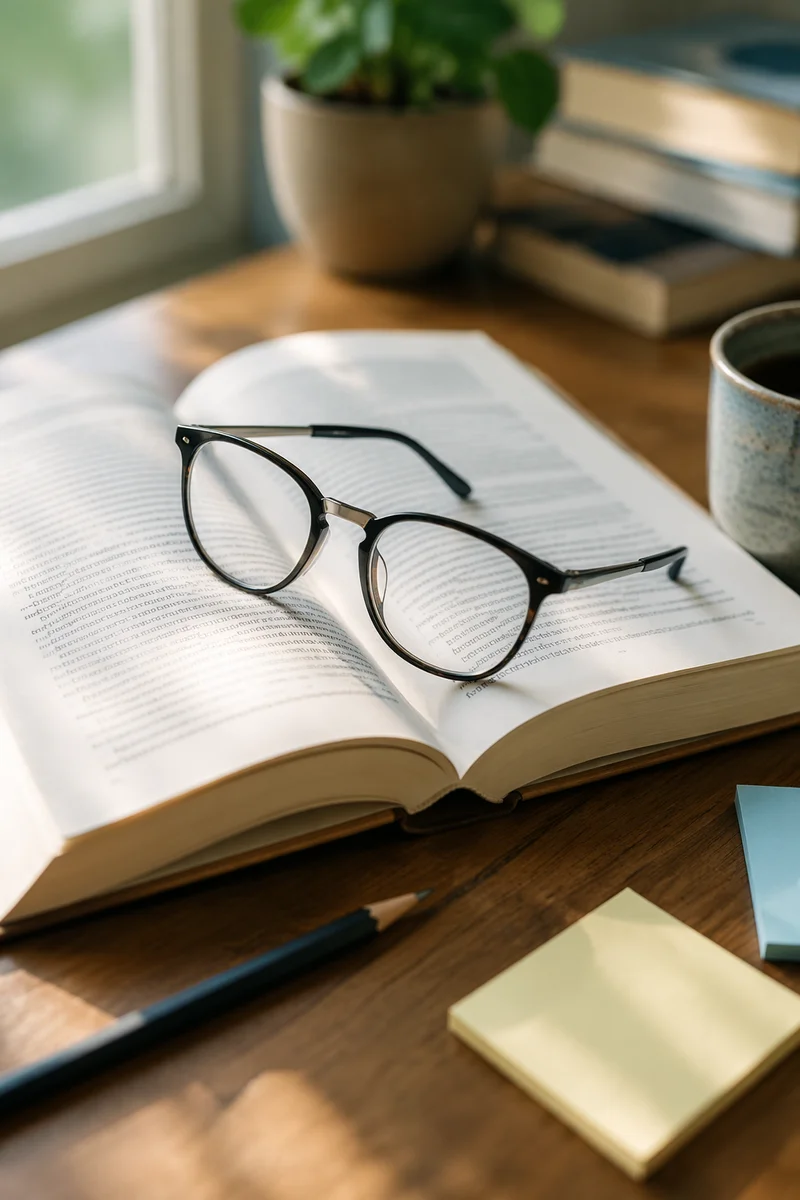Reading Glasses on Open Textbook Desk