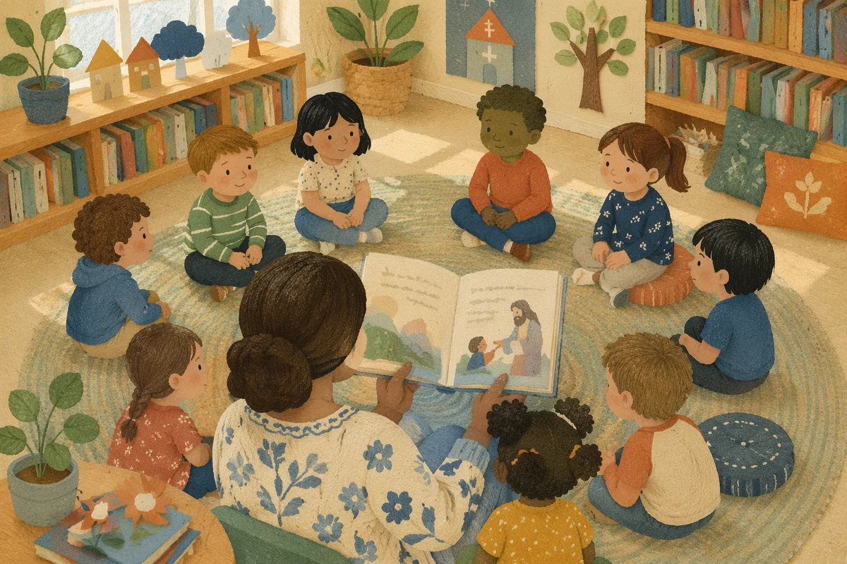 Cozy Library Storytime Circle with Children
