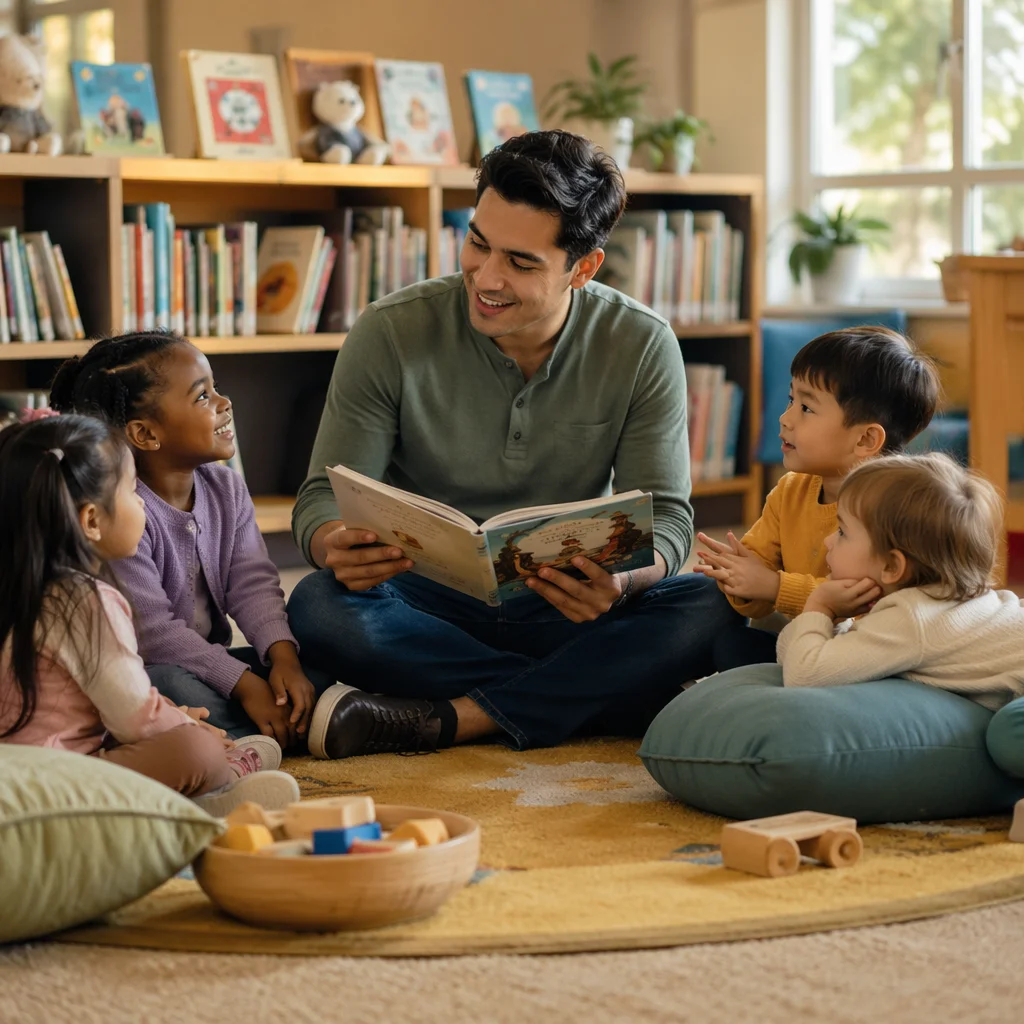 Father Reading to Children in Library
