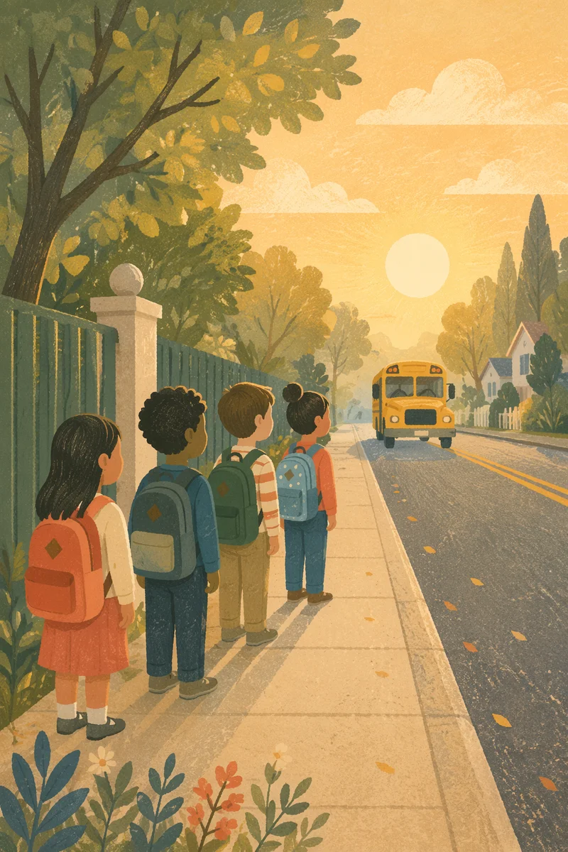 Children Waiting at Sunrise Bus Stop