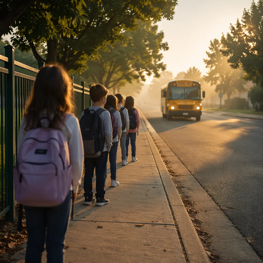 Children Waiting at School Bus Stop