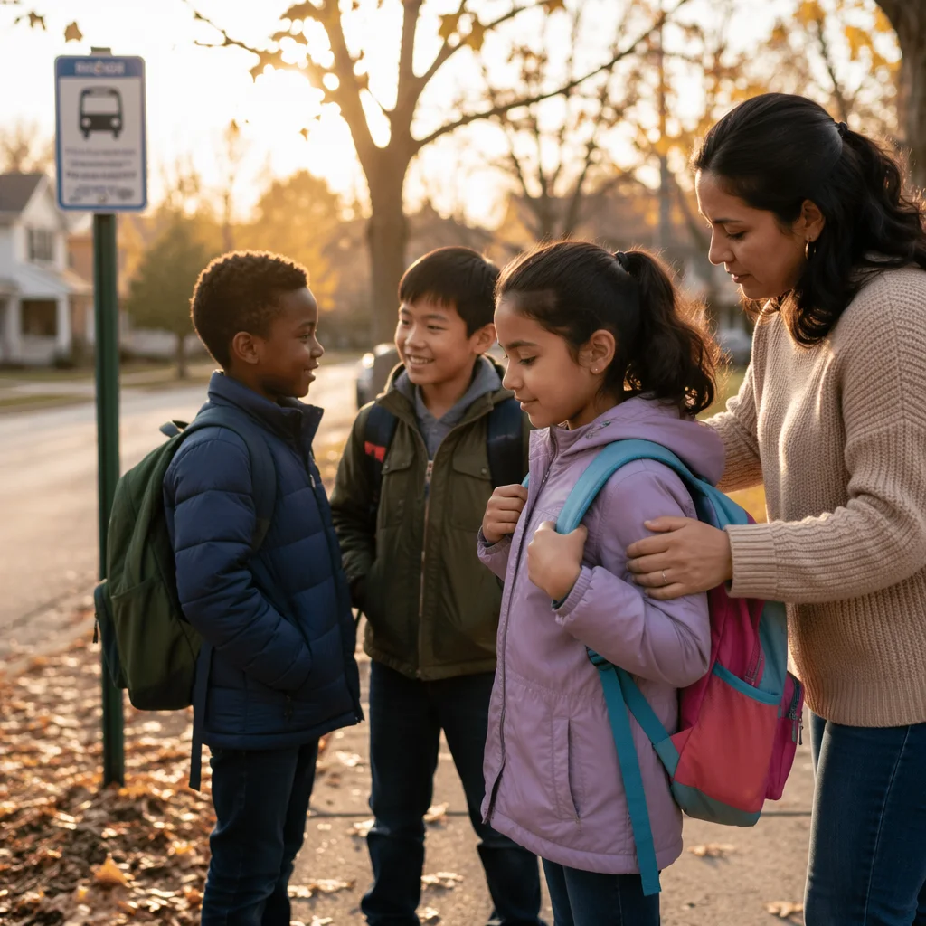 Autumn Morning School Bus Stop Scene