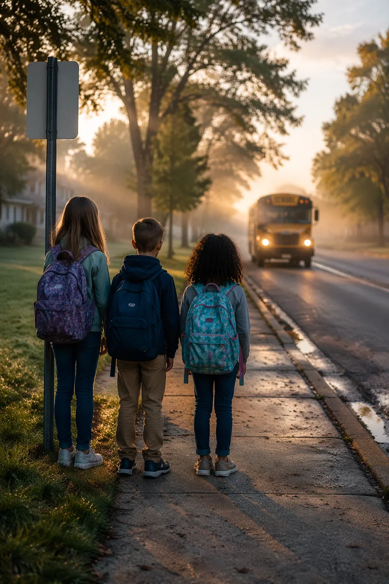 Children Waiting at Morning School Bus Stop