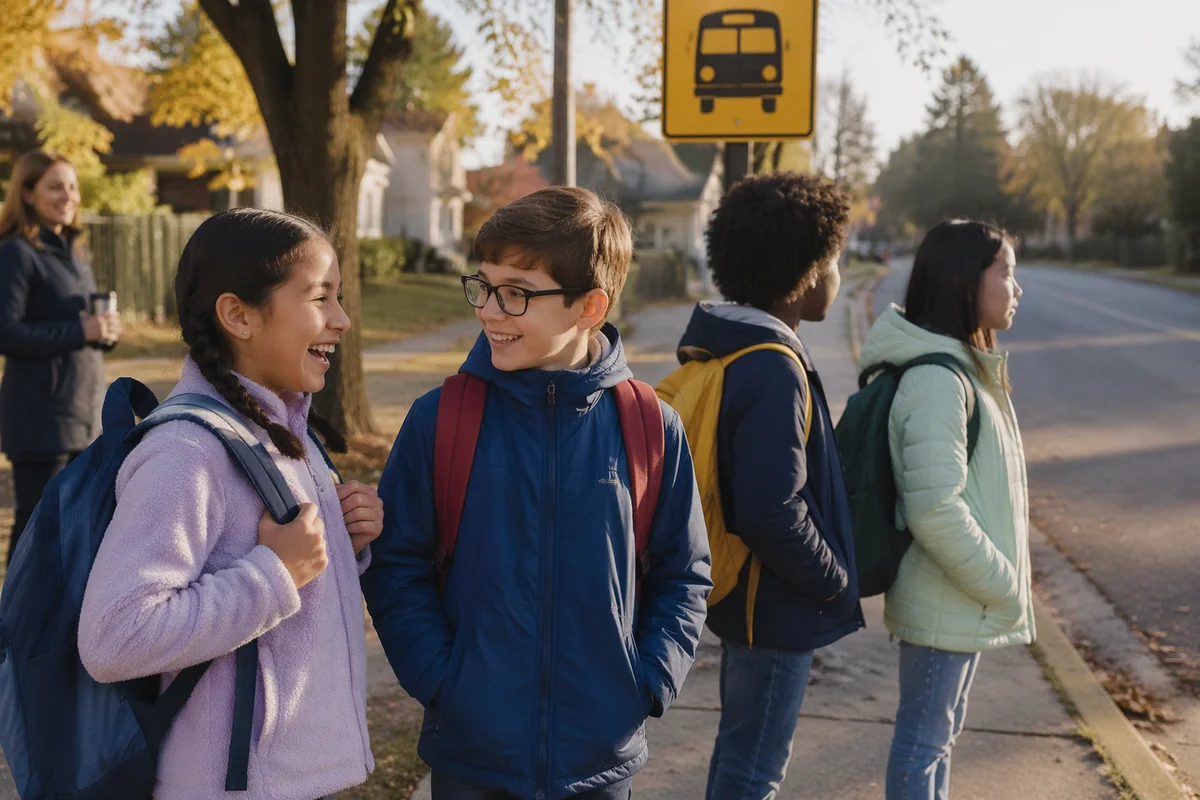 Children Waiting at School Bus Stop