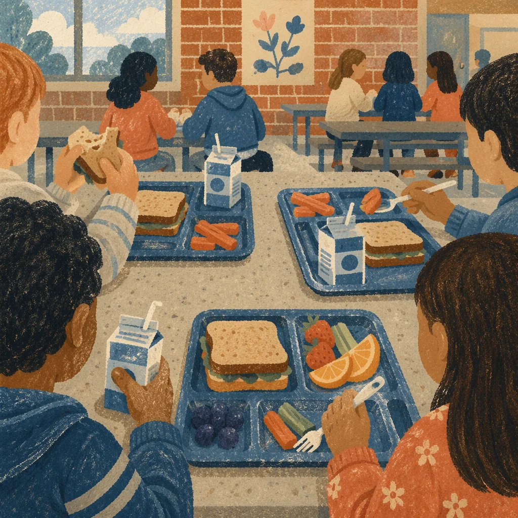 Students Sharing Lunch at Cafeteria Table