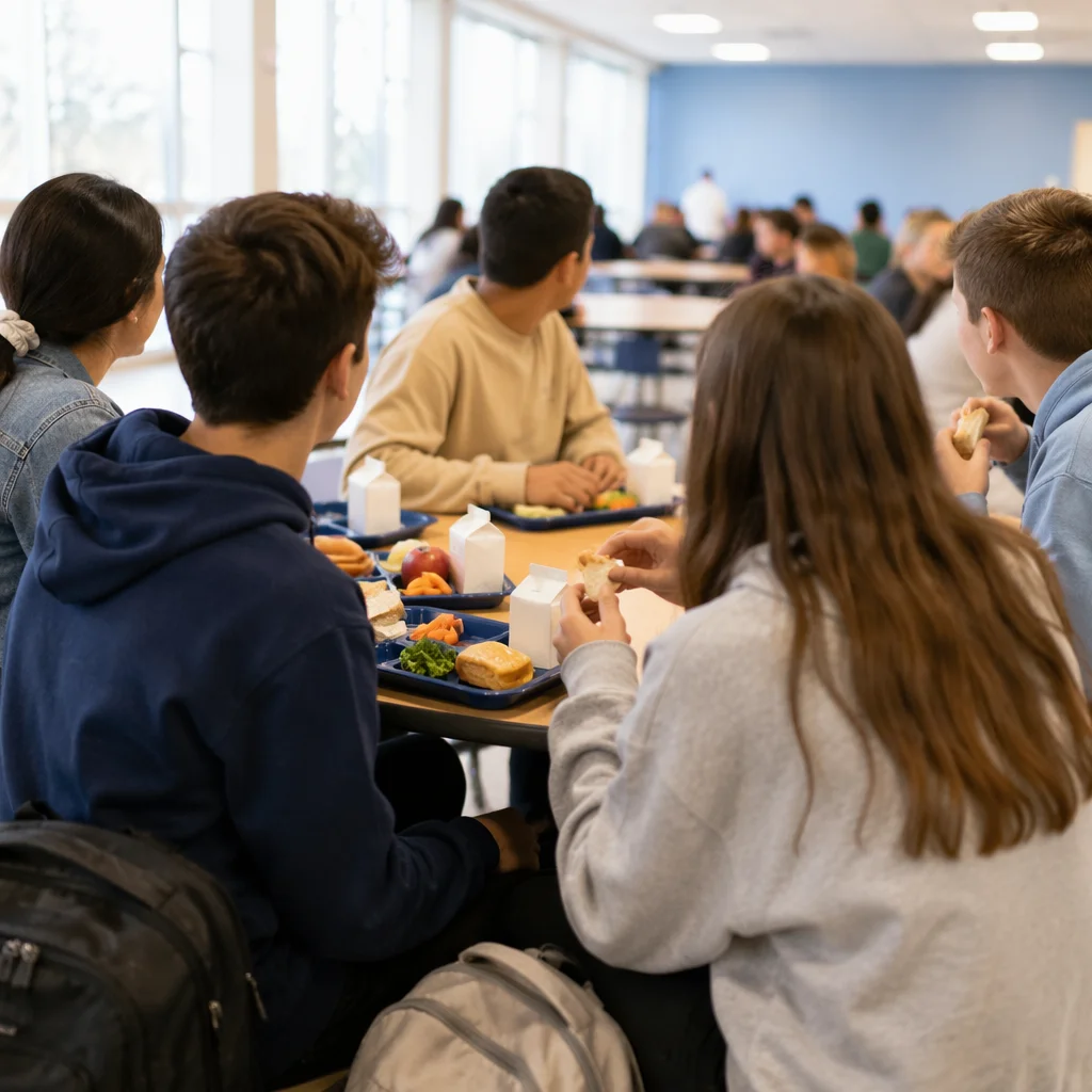 Students Sharing Lunch in School Cafeteria