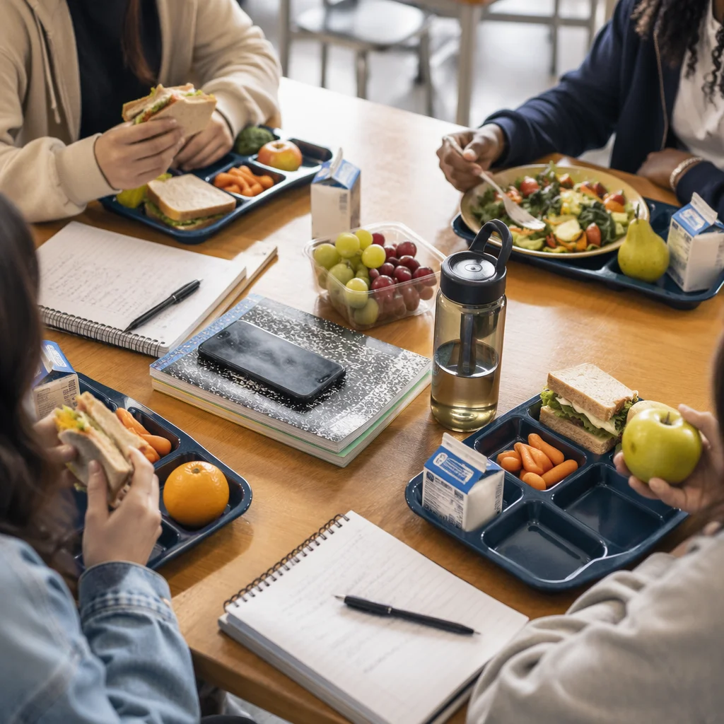 Students Sharing Lunch at Cafeteria Table