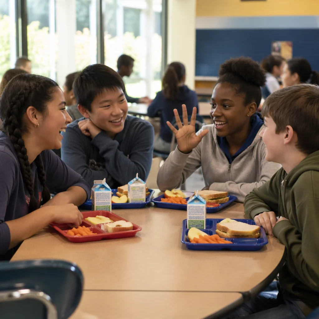 Middle School Friends Sharing Cafeteria Lunch