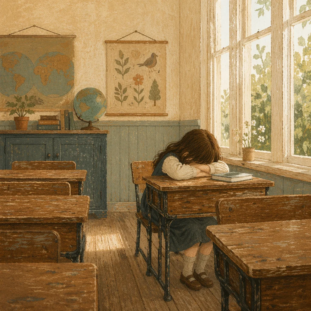 Quiet Student in Sunlit Vintage Classroom