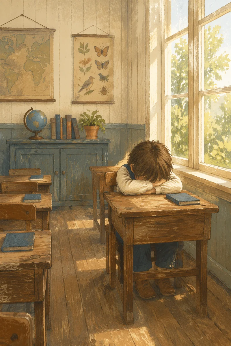 Quiet Student in Sunlit Vintage Classroom
