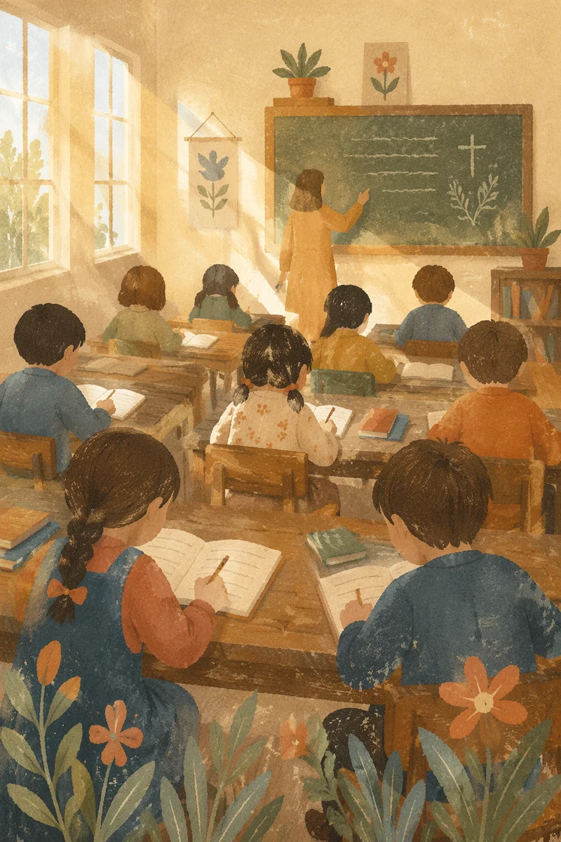 Sunlit Classroom Students Learning at Wooden Desks
