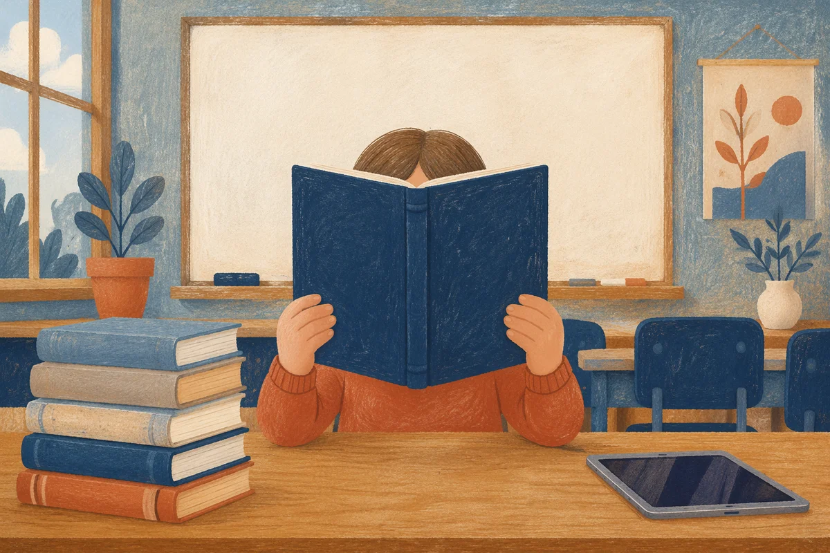 Focused Student Reading in Calm Classroom