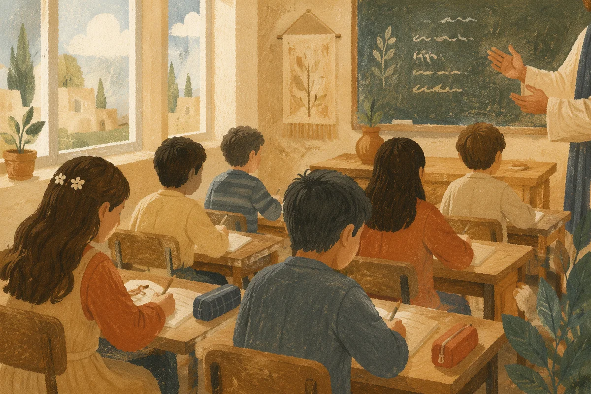 Sunlit Classroom Students Writing at Desks