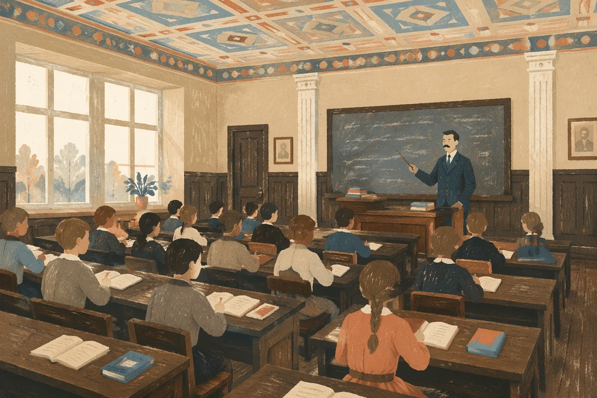 Vintage Classroom Students at Wooden Desks