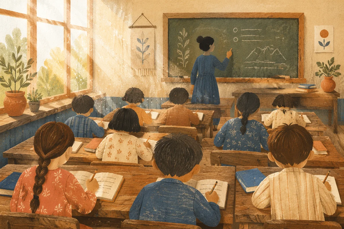 Sunlit Classroom Students Learning at Wooden Desks
