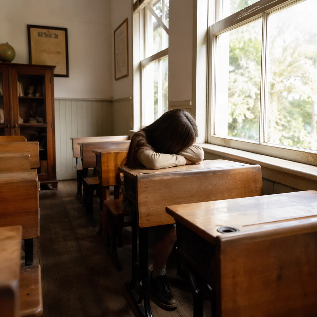 Quiet Student in Sunlit Vintage Classroom