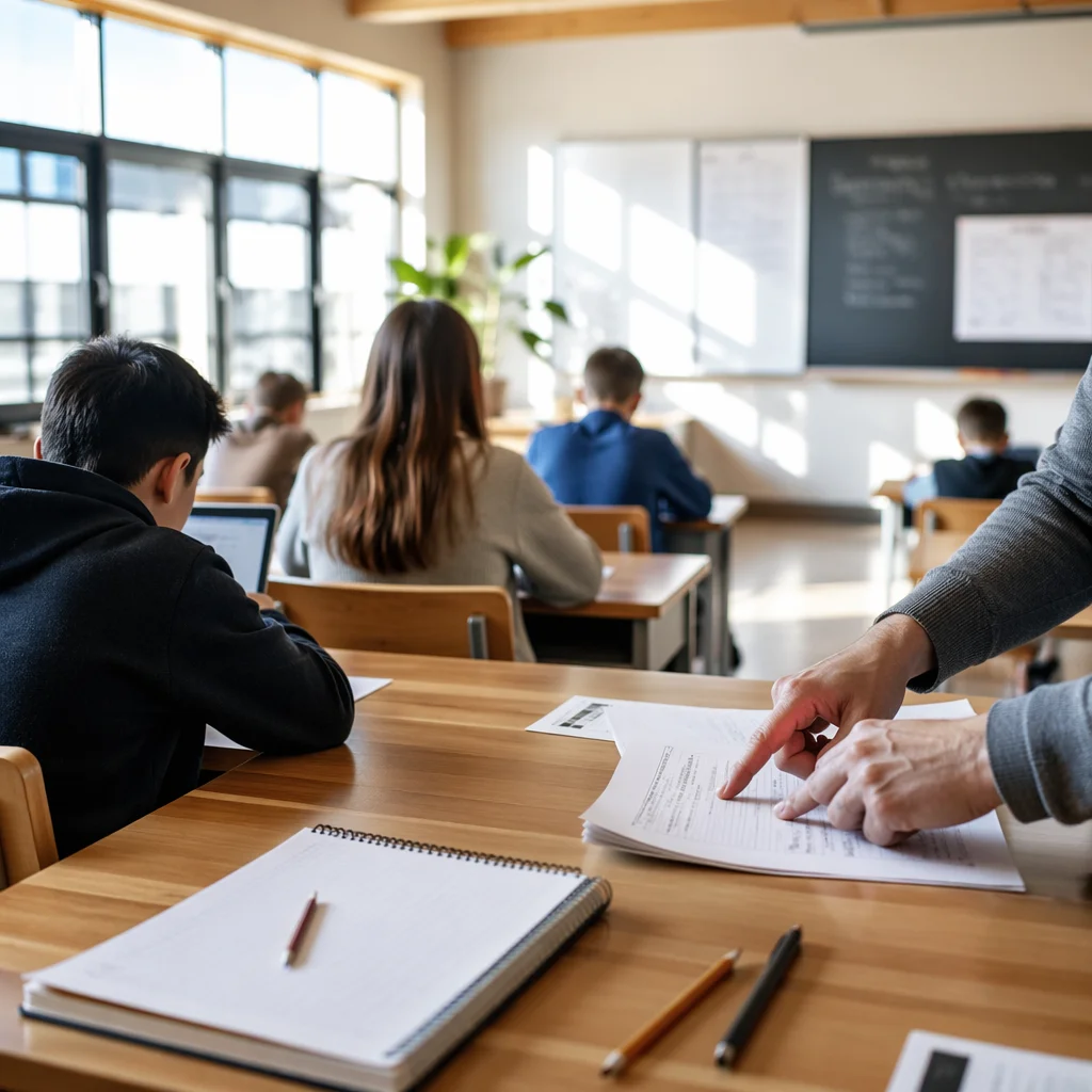 Bright Classroom Students Learning at Desks