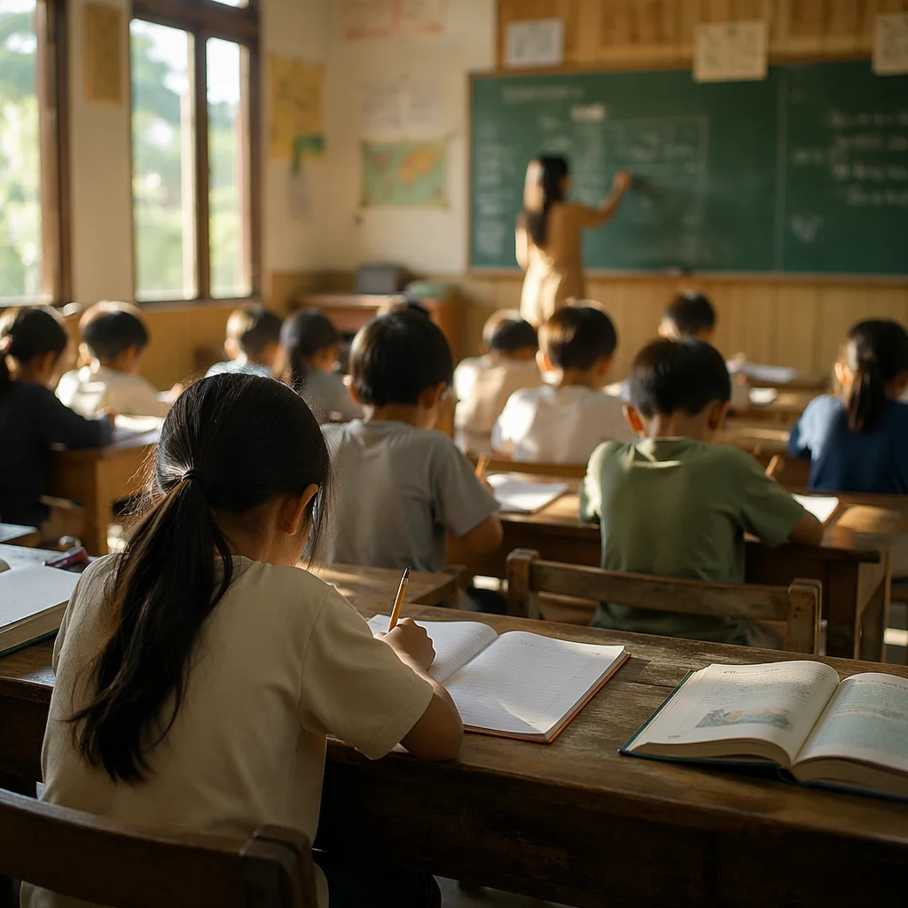 Sunlit Classroom Learning at Wooden Desks