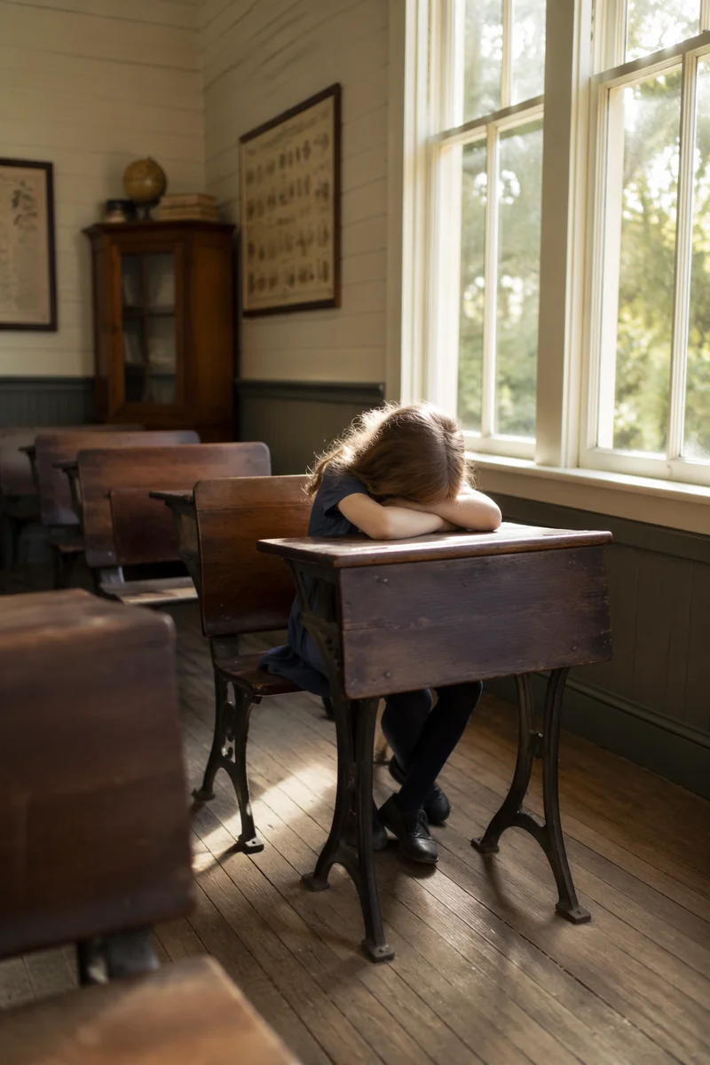 Quiet Student in Sunlit Vintage Classroom