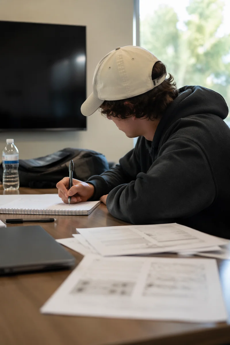Calm Student Writing in Modern Classroom