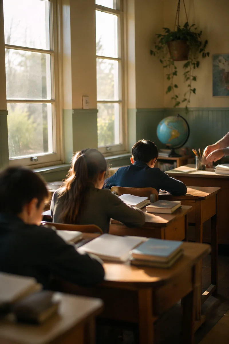 Sunlit Classroom Students Learning at Desks