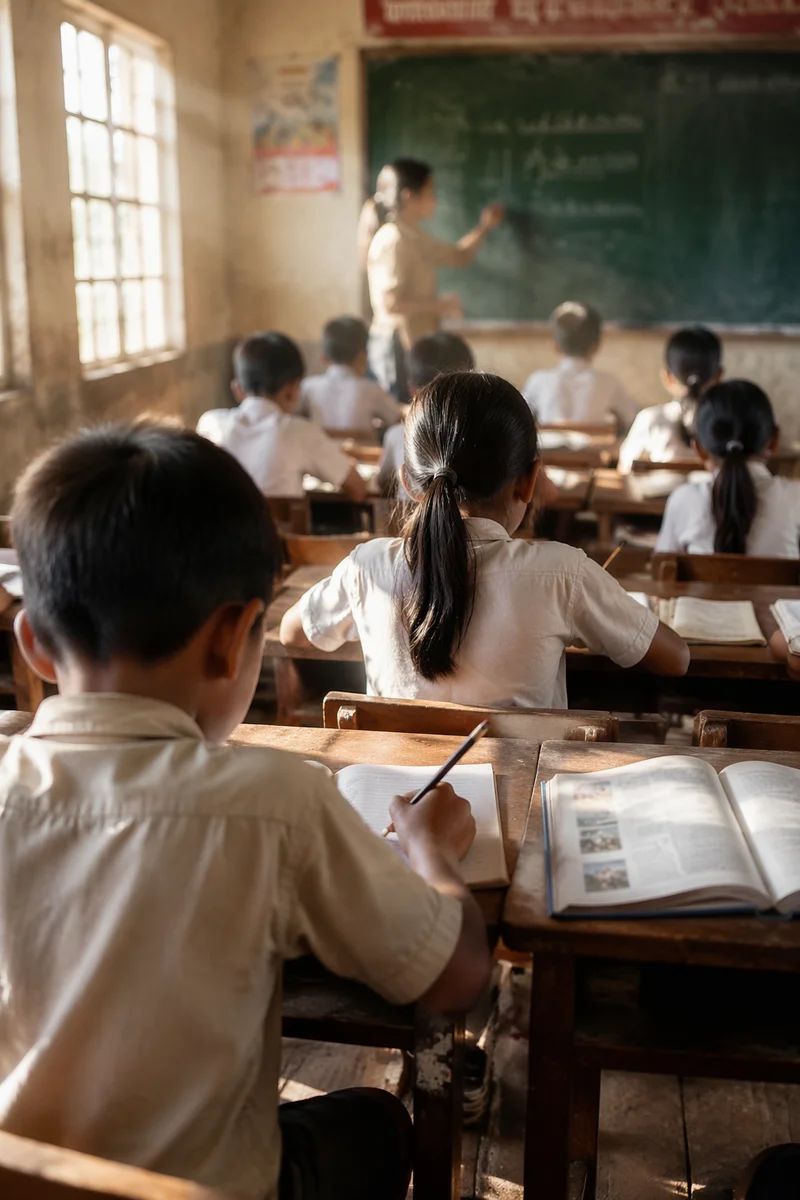 Sunlit Classroom Students Learning at Desks