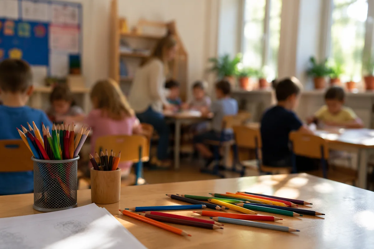 Bright Elementary Classroom With Learning Supplies