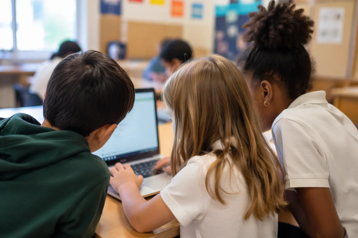 Elementary Students Collaborating in Bright Classroom
