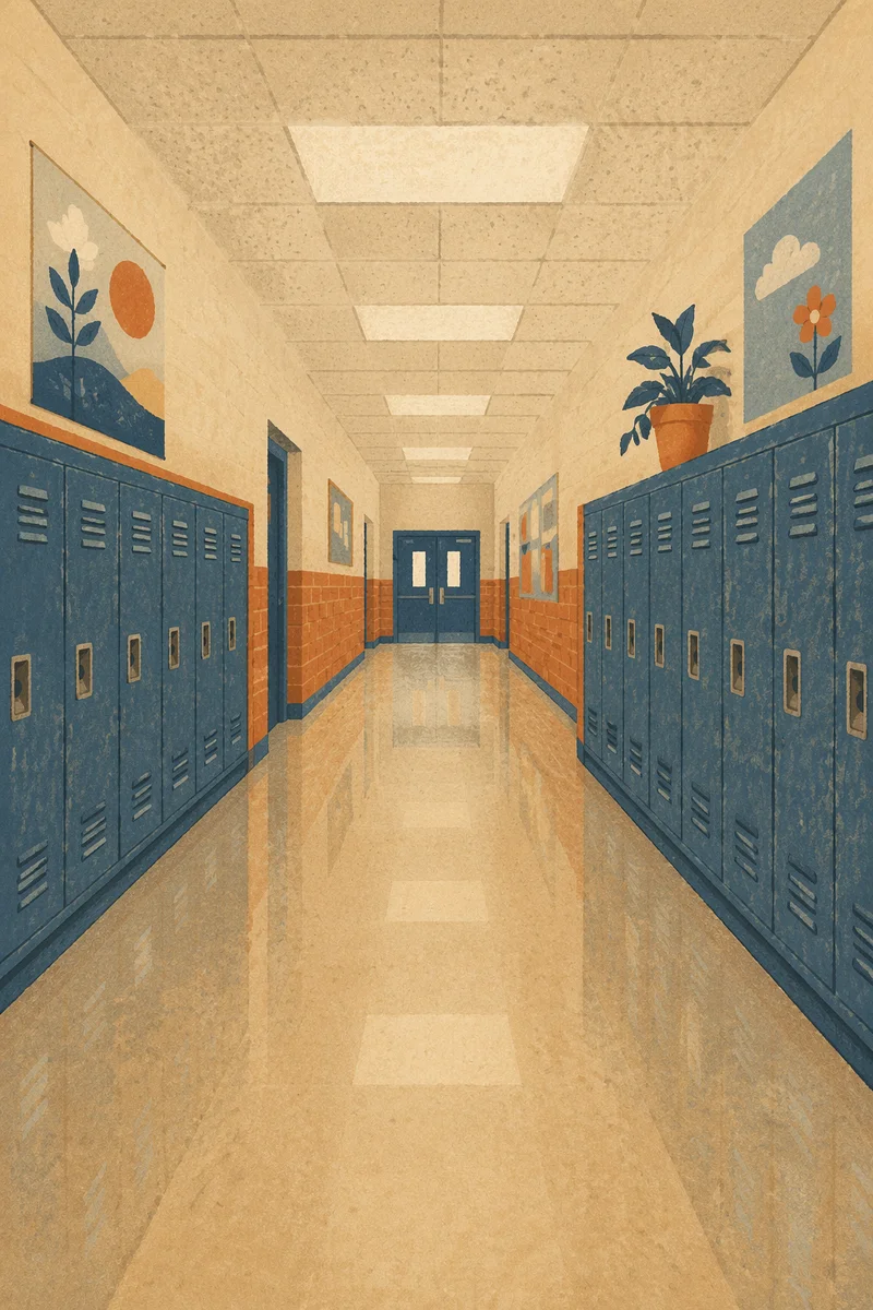 Empty School Hallway with Blue Lockers