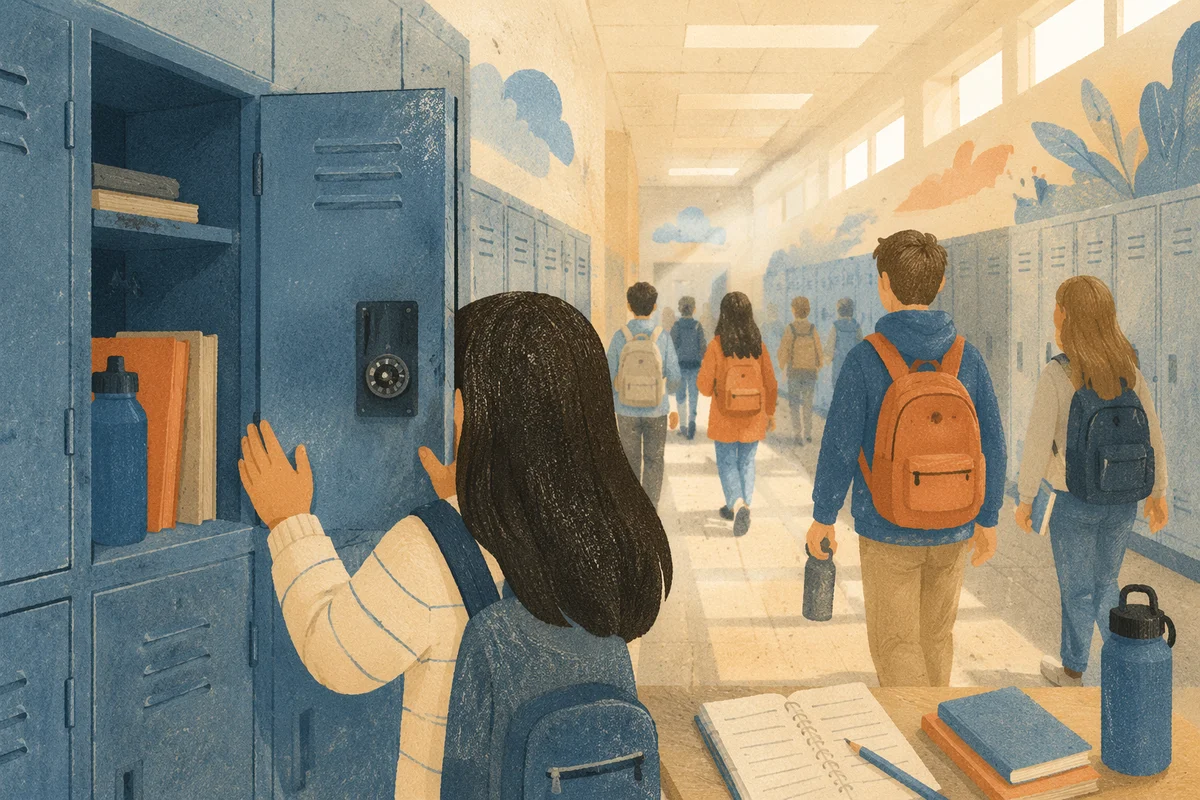 Bright School Hallway with Blue Lockers