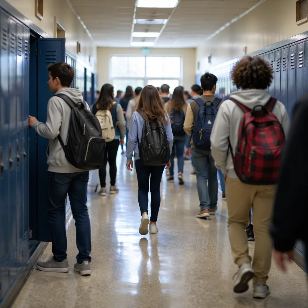 Busy School Hallway with Blue Lockers